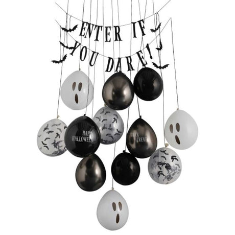 Halloween decoration kit with spooky balloons, bats, and bunting for a thrilling entrance to your spooky festivities.