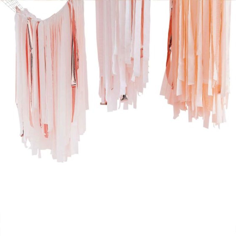 Pink blush and rose gold streamer ceiling kit for vibrant party decor, perfect for birthdays and baby showers.