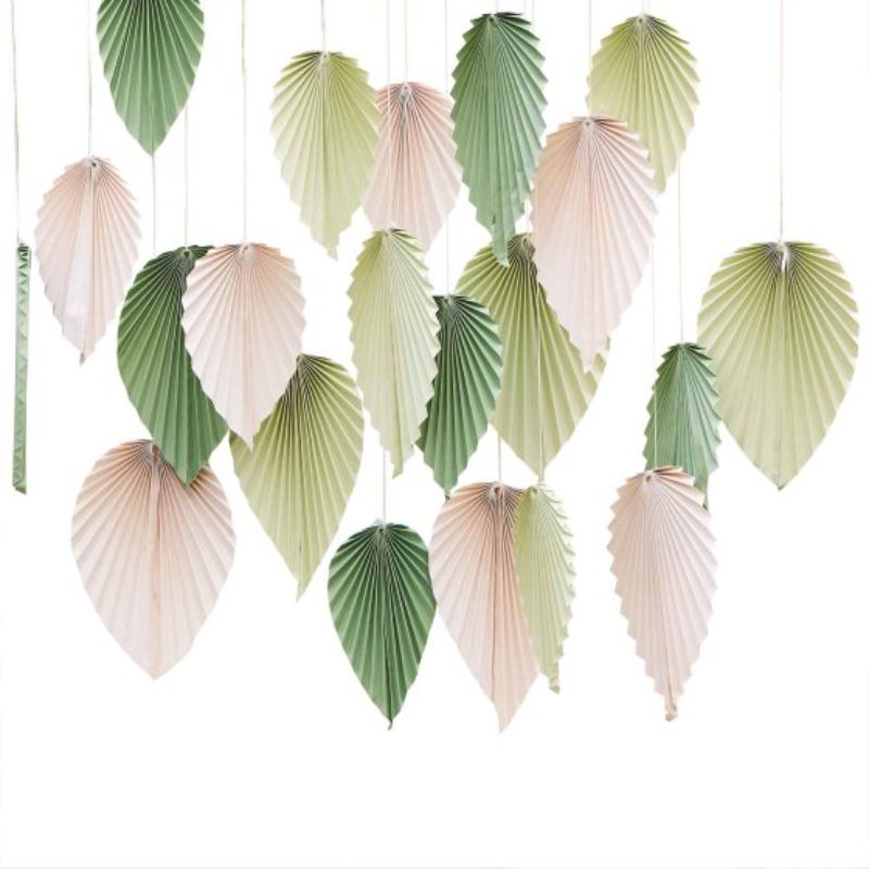 Elegant cream and sage paper palm spear fans, 10-30cm, pack of 26 for chic event backdrops and decor.