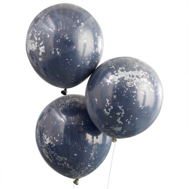 Pack of 3 double stuffed navy balloons with silver shred, perfect for elegant celebrations and events.