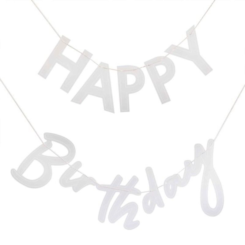 Clear and white acrylic 'Happy Birthday' bunting set, perfect for stylish party decor and easy to hang with twine.