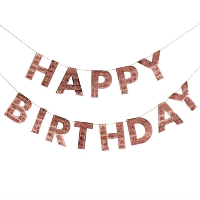 Rose gold fringe bunting with 'Happy Birthday' for elegant celebrations, pack of 2 strands, 1.5m each.