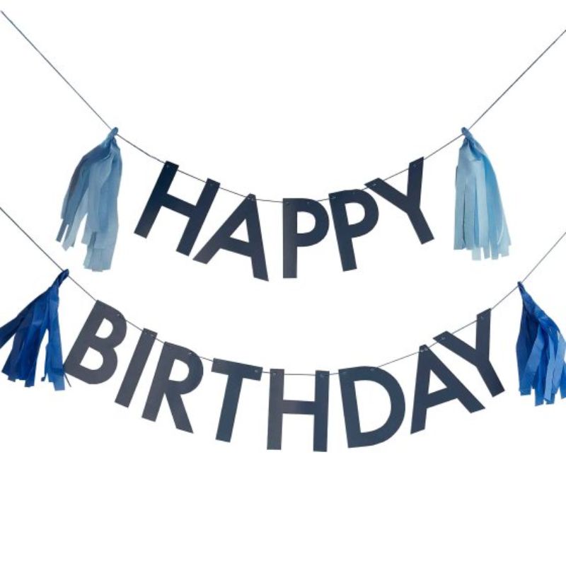 Blue 'Happy Birthday' bunting with tassels, perfect for festive indoor and outdoor celebrations.