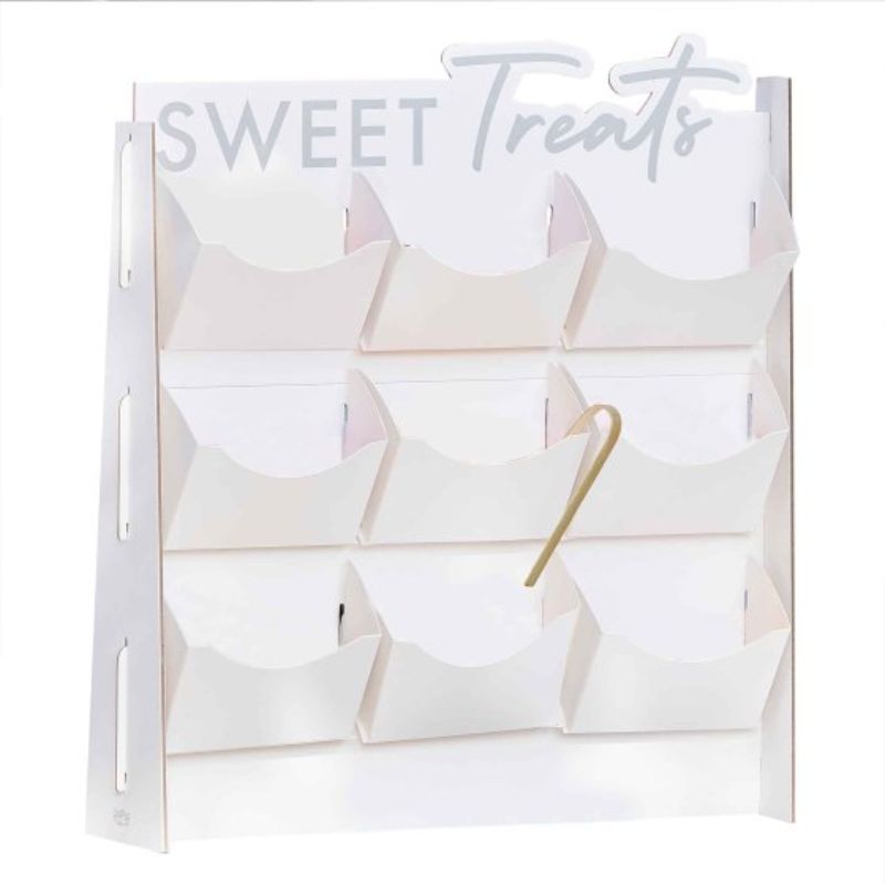 Colorful Mix It Up Treat Stand with 9 shelves, 10 bags, and tongs for serving candy at parties and events.