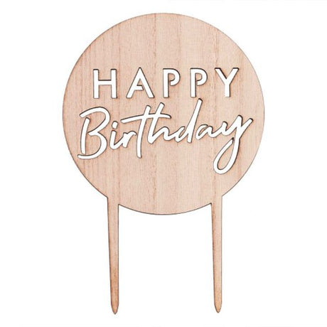 Eco-friendly MDF cake topper in charming design spelling "Happy Birthday," perfect for elevating party cakes.