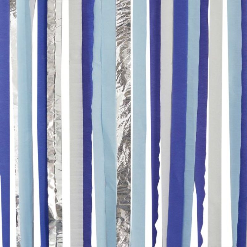 Pack of 12 eco-friendly blue streamer backdrops for vibrant party decor, perfect for any celebration or event.