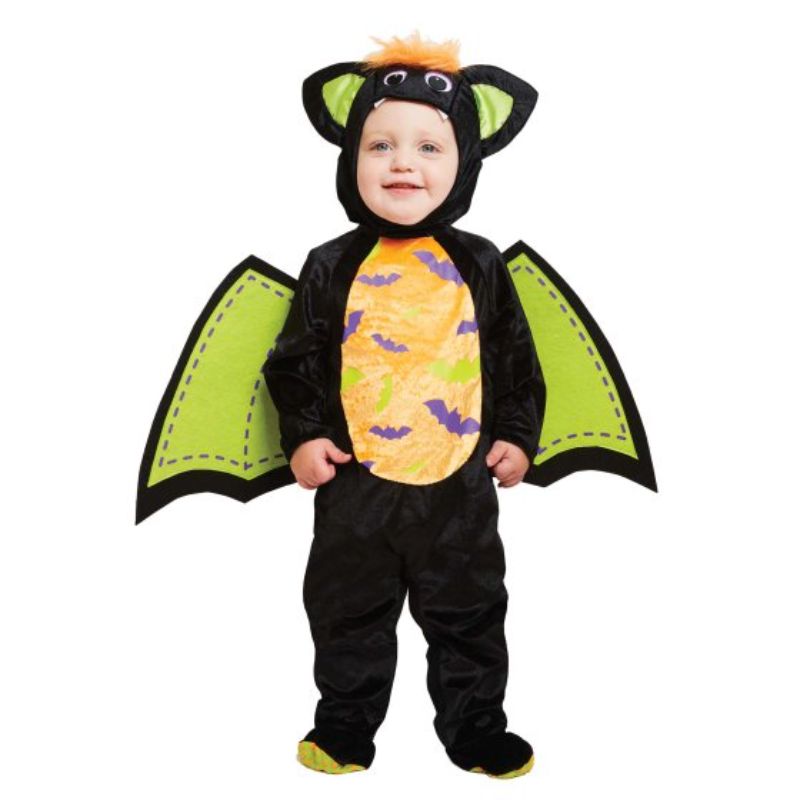 Adorable Iddy Biddy Bat costume for toddlers, featuring a cozy romper, matching hat with ears, and whimsical felt wings.