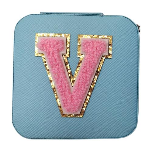 Initial V Blue PU Leather Jewellery Box 10cm