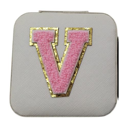 Initial V White PU Leather Jewellery Box 10cm