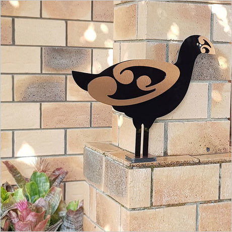 Freestanding 2 Tone Moko Pukeko sculpture in Black & Brushed Copper, perfect for enhancing outdoor spaces with Kiwiana charm.
