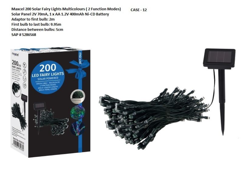200 Solar Fairy Lights - Maxcel Multicolours (Set of 12)