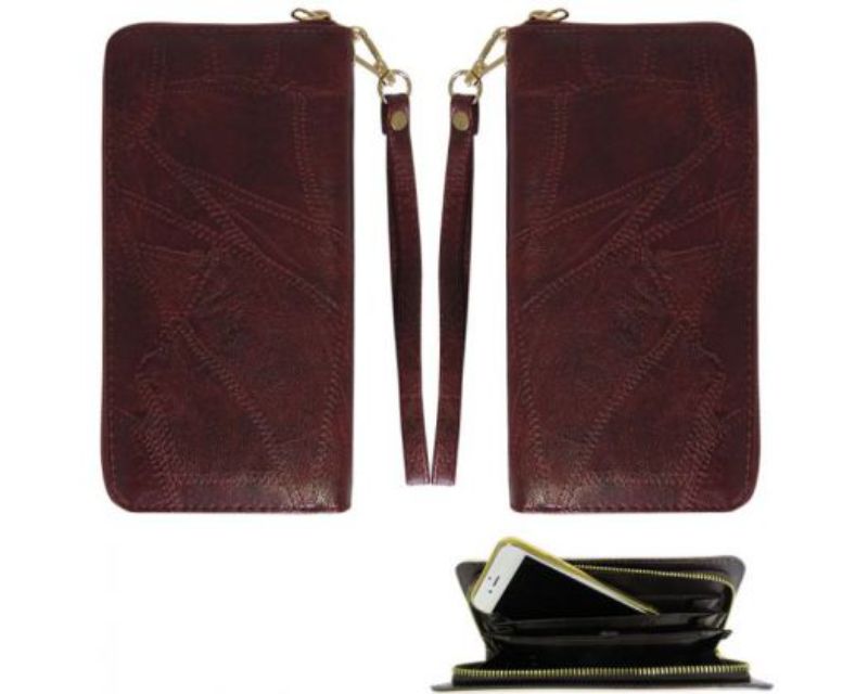 Stylish red wallet with RFID protection, hand strap, and space for a smartphone, measuring 20.5 x 10.5 x 2.5 cm.