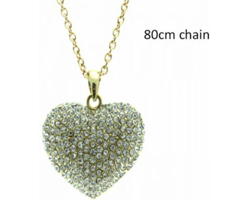 Large gold heart necklace with diamantes, 4.5 cm pendant, 80 cm chain, perfect for any occasion.