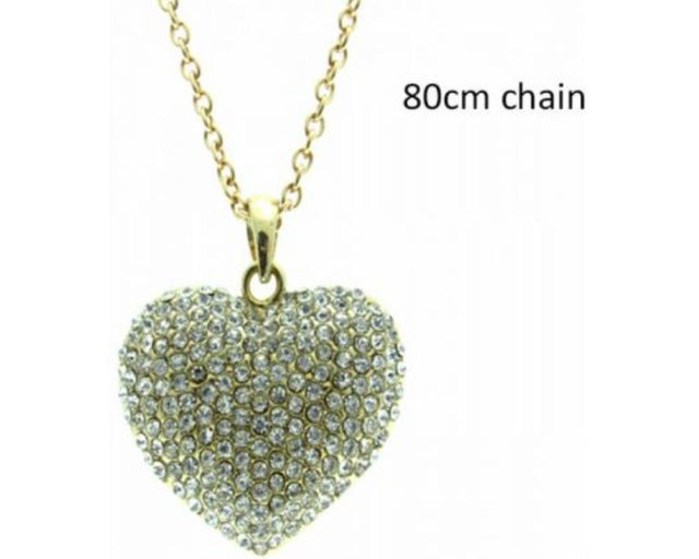 Large gold heart necklace with diamantes, 4.5 cm pendant, 80 cm chain, perfect for any occasion.