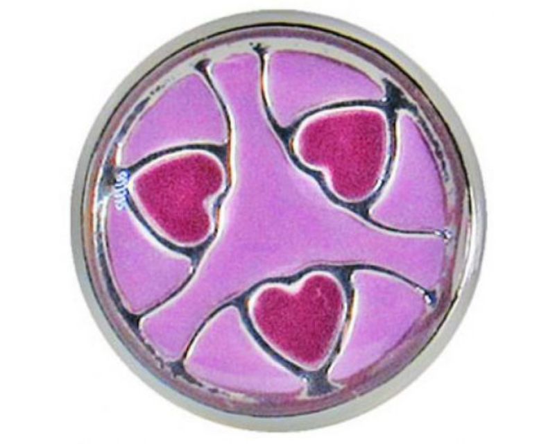 Vibrant snap button featuring purple and pink heart design for customizing accessories and showcasing personal style.