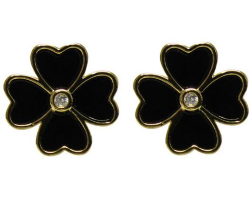 Elegant black four-leaf clover earrings with a shimmering center diamante, perfect for casual or formal wear.
