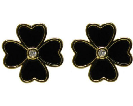 Elegant black four-leaf clover earrings with a shimmering center diamante, perfect for casual or formal wear.