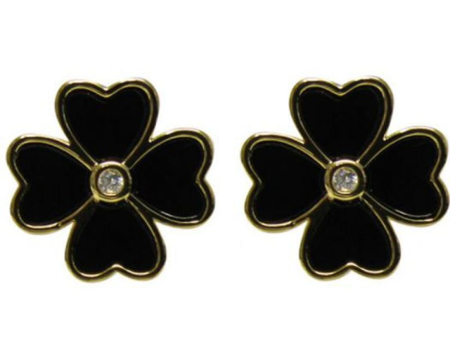 Elegant black four-leaf clover earrings with a shimmering center diamante, perfect for casual or formal wear.