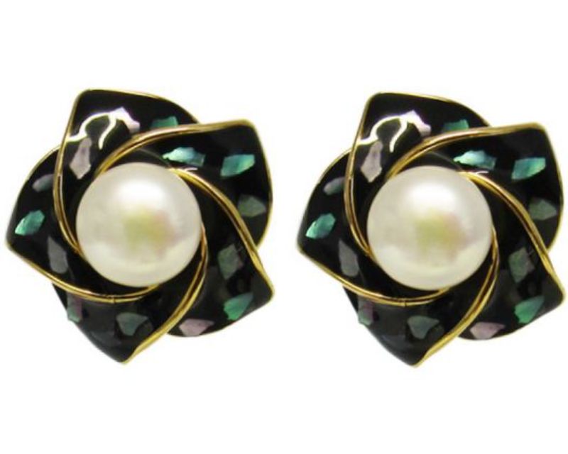 Elegant Jax Lotus earrings featuring faux pearls and vibrant paua shell, measuring 2 cm x 2 cm, perfect for any occasion.