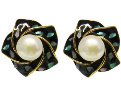 Elegant Jax Lotus earrings featuring faux pearls and vibrant paua shell, measuring 2 cm x 2 cm, perfect for any occasion.