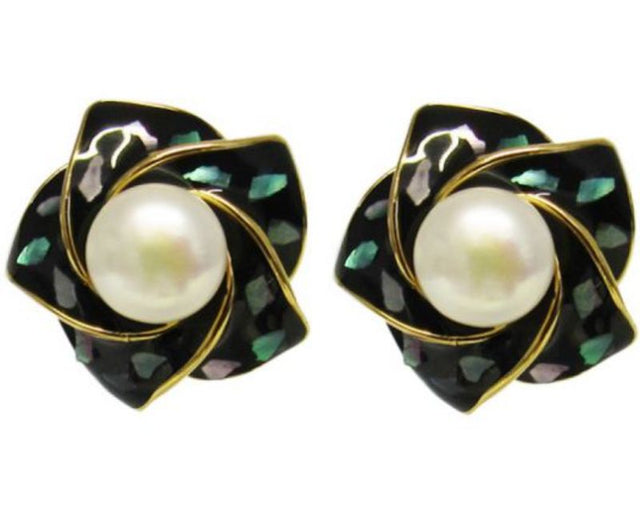 Elegant Jax Lotus earrings featuring faux pearls and vibrant paua shell, measuring 2 cm x 2 cm, perfect for any occasion.
