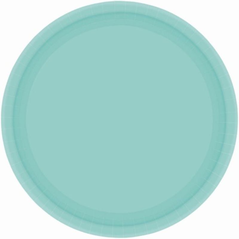Pack of 20 robin's egg blue paper plates, 17cm round, eco-friendly and stylish for parties and picnics.