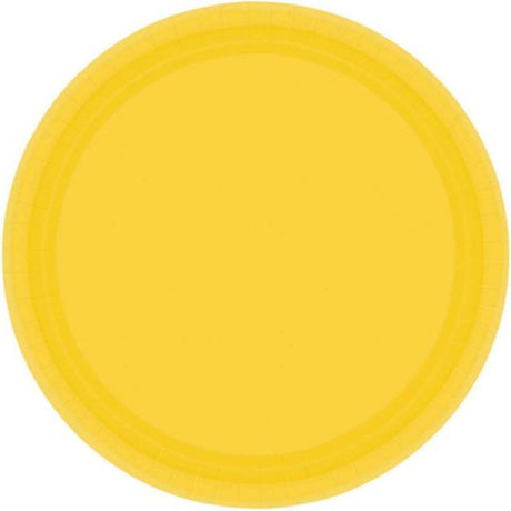Bright yellow 23cm round paper plates, pack of 20, eco-friendly and biodegradable for hassle-free dining at any event.