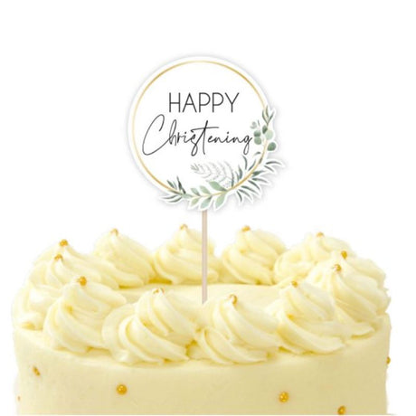 Botanical Celebration cake topper pick for christening, featuring eco-friendly design and intricate botanical details.