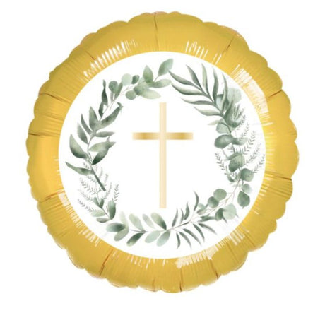 45cm Botanical Celebration Cross Foil Balloon with elegant design, perfect for memorials and religious events.