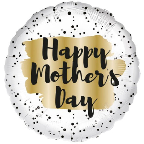 45cm gold polka dot balloon with 'Happy Mother's Day' design, self-sealing for easy use.