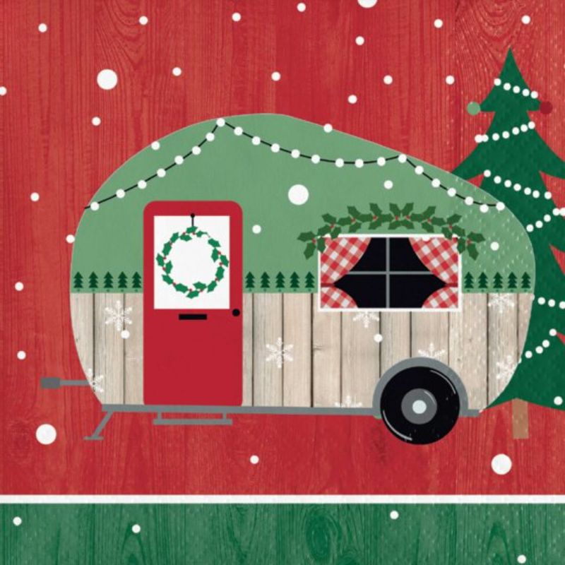 Pack of 16 Christmas Campers Beverage Napkins featuring festive camper designs, perfect for seasonal celebrations and parties.