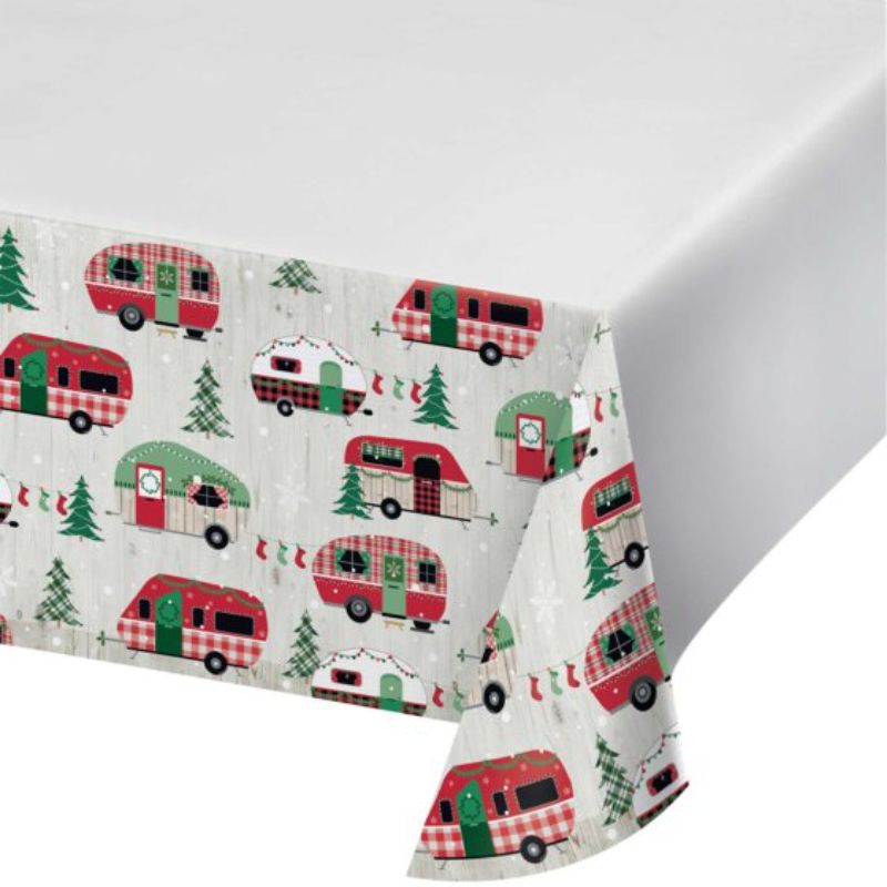 Vibrant Christmas Campers tablecover, 137cm x 259cm, perfect for festive gatherings and holiday decor.