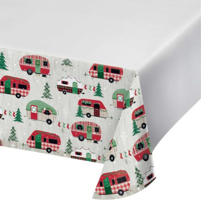 Vibrant Christmas Campers tablecover, 137cm x 259cm, perfect for festive gatherings and holiday decor.