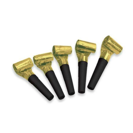 Happy New Year black and gold blowouts pack, 24 festive party decorations for celebrations and gatherings.