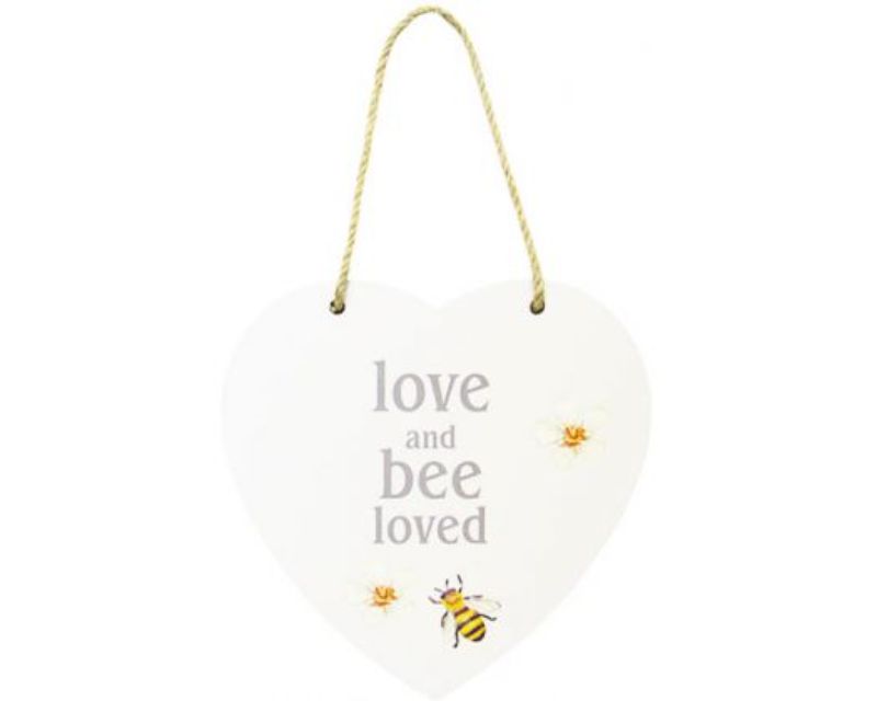 Heart-shaped MDF sign with 'Love, and Bee Loved' message, twine hanger, perfect for home decor.