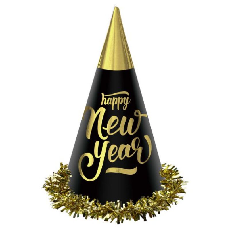 Pack of 24 elegant black and gold foil cone hats, perfect for New Year and festive celebrations.
