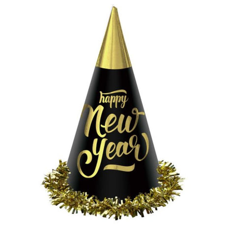 Pack of 24 elegant black and gold foil cone hats, perfect for New Year and festive celebrations.