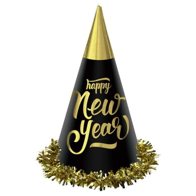 Pack of 24 elegant black and gold foil cone hats, perfect for New Year and festive celebrations.