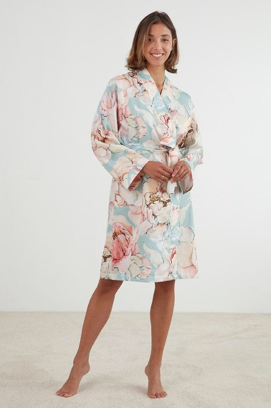 Elegant mint green kimono robe featuring a large peony print, 100% cotton, with pockets and a waist tie.