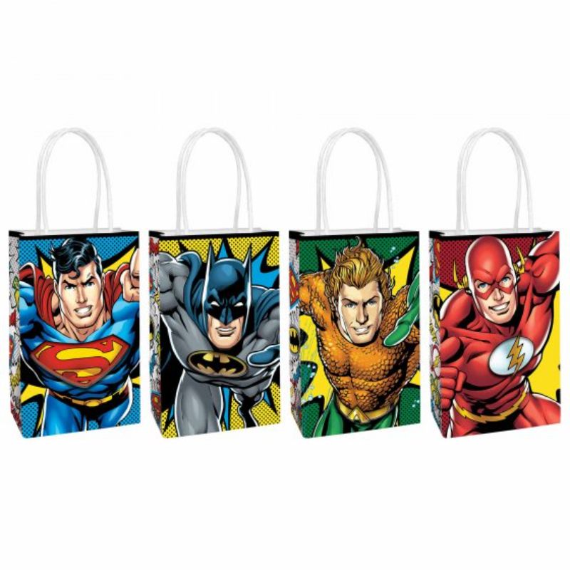 Pack of 8 customizable Justice League paper kraft bags for DIY party favors and celebrations, eco-friendly and fun.