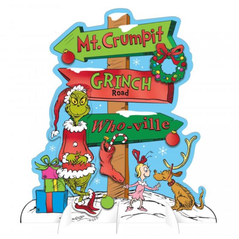 Dr. Seuss The Grinch directional sign decoration, 34cm cardboard, vibrant colors, perfect for festive gatherings.