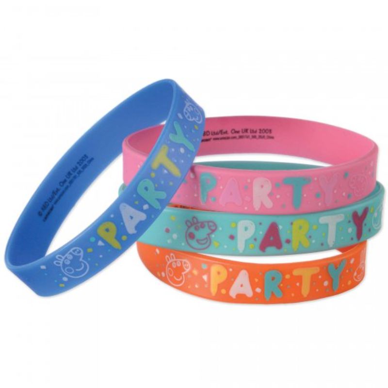 Pack of 4 colorful Peppa Pig rubber bracelets for party favors, perfect for kids' celebrations.