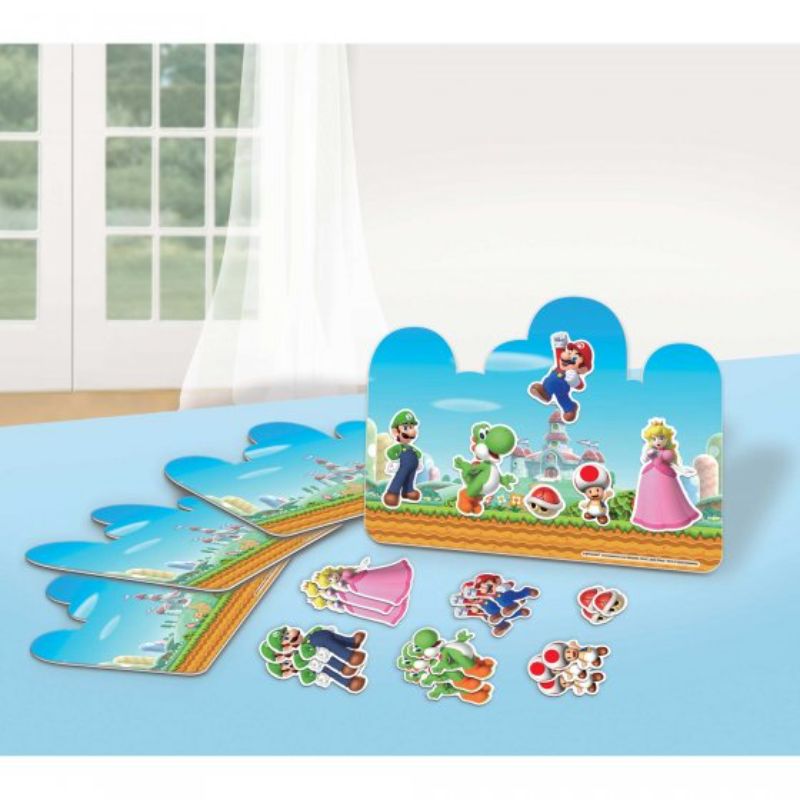 Super Mario Brothers Craft Kit, 4 decorative pieces with easel backs and 24 stickers for vibrant party decorations.
