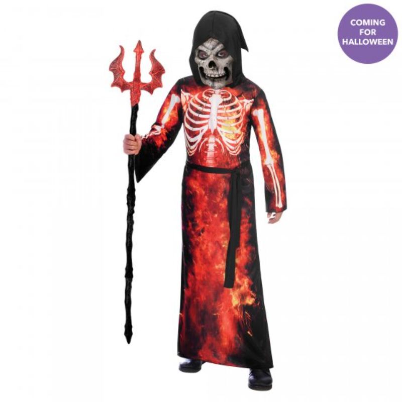 Hooded Fire Reaper costume for kids, featuring a dramatic robe, sash, and haunting mask for spooky Halloween fun.