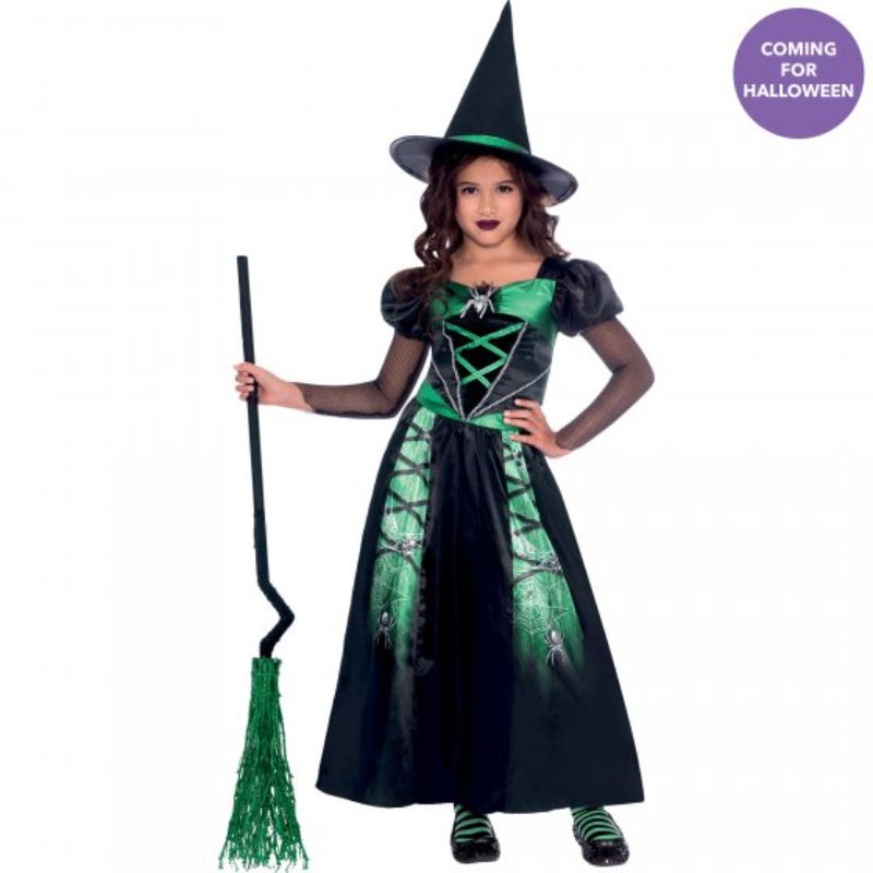 Adorable Spider Witch costume for girls aged 3-4, featuring a stylish dress with spider motifs and a charming witch hat.