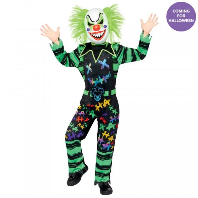 Vibrant Haha Clown costume for boys 8-10, featuring a colorful jumpsuit and mask for fun, playtime, and festive events.