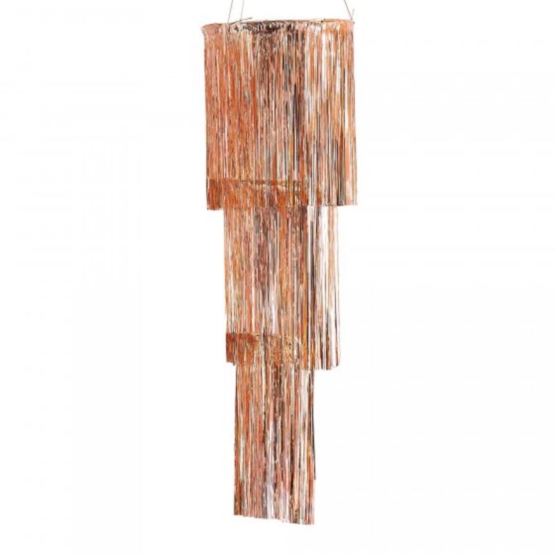 Rose gold fringe chandelier with three tasselled hoops, elegantly hanging for a glamorous home decor touch.