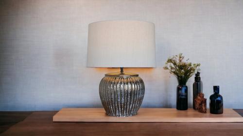 Gold Ceramic Lamp with Natural Linen Shade