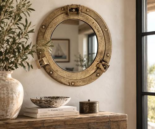 Aluminium / Brass Portholke Mirror - 290 X 65 X 290