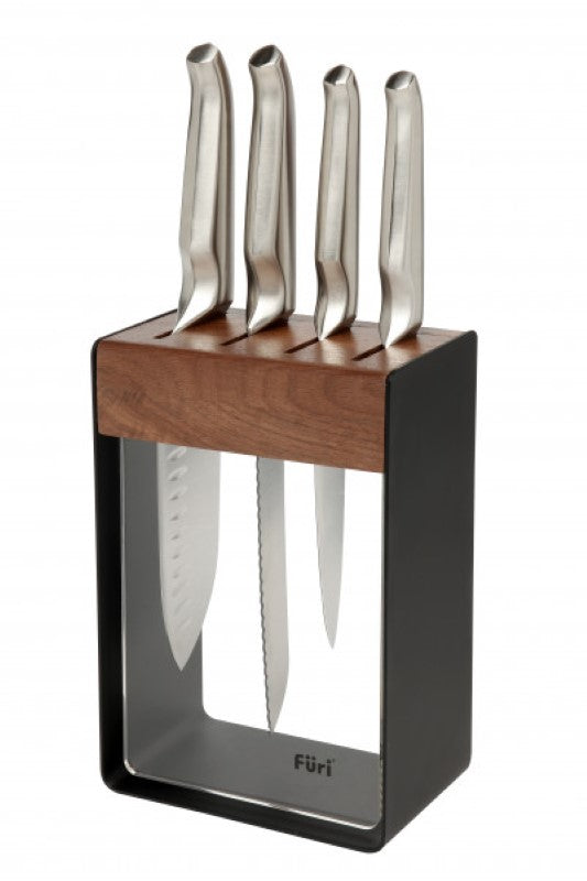 Furi Pro Limited Edition Black Knife Block Set with 5 premium Japanese stainless steel knives and sleek stainless steel storage block.